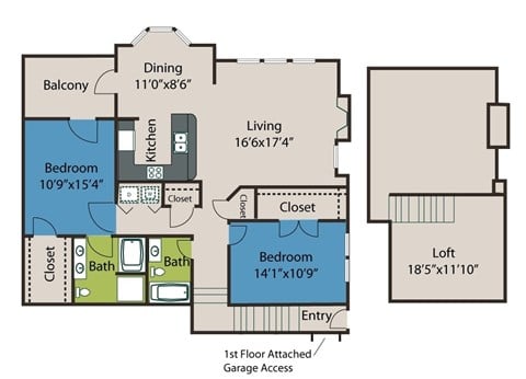 Floor plan for 2 beds, 2 baths, 1507 sqft